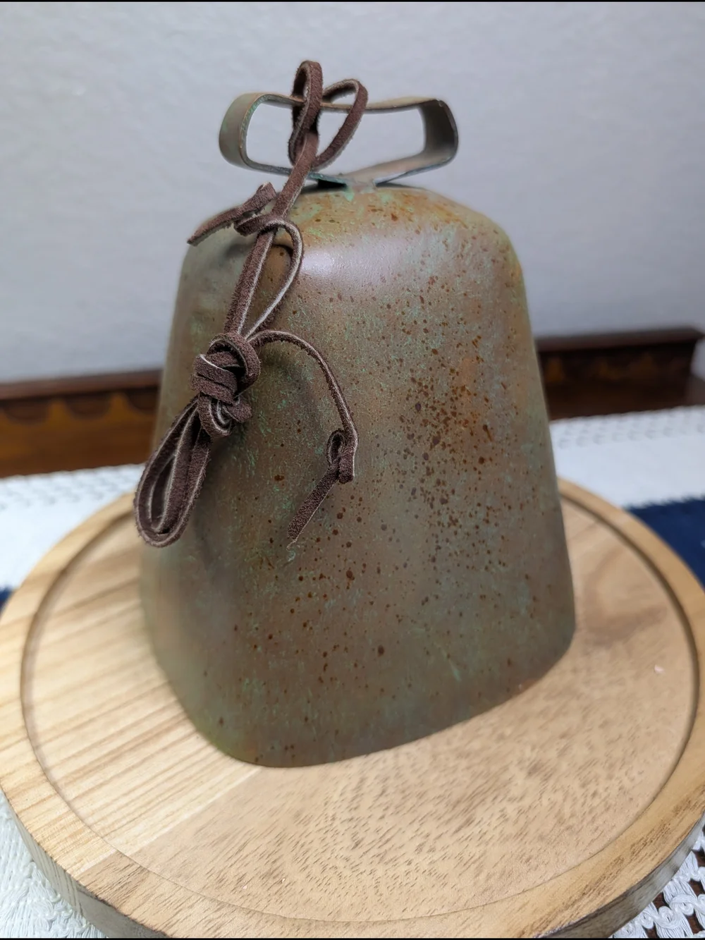 Rustic Farmhouse Green Brown Decorative Cowbell with Leather Strap Metal